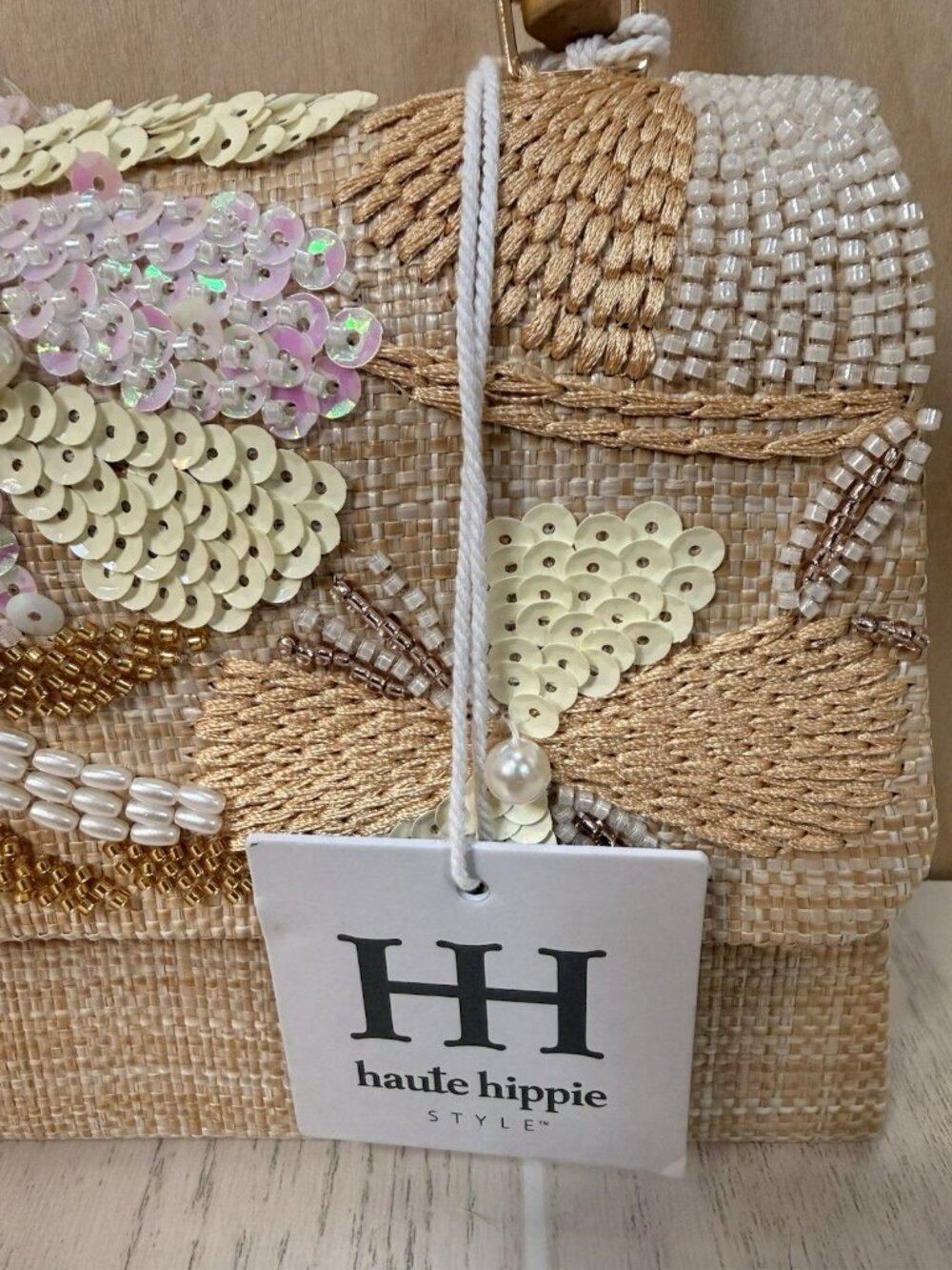 New With Tags HAUTE HIPPIE Small Boho Beaded Sequin Natural Linen Purse Clutch - Picture 6 of 16